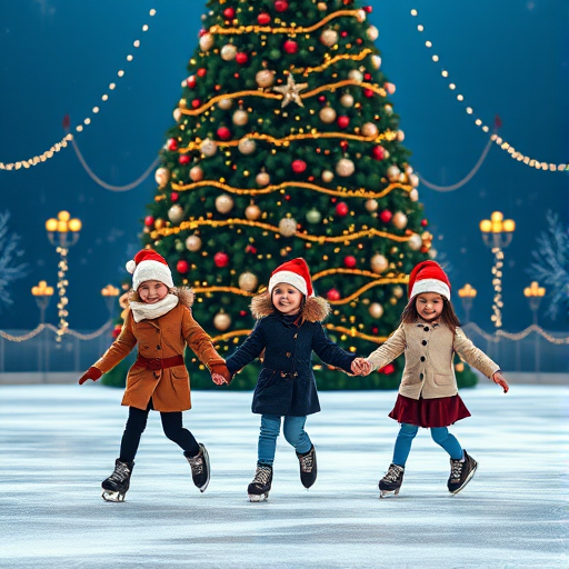 Generate an image of three children ice skating on a rink surrounded by a large Christmas tree adorned with ornaments and lights. The children are wearing winter clothing and Santa hats, and they are joyfully holding hands as they glide across the ice. The setting is festive and cheerful, capturing the spirit of the holiday season.