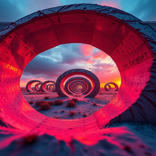 Create a vibrant, abstract landscape featuring spiral structures and glowing orange light, using a wide-angle lens, f/8 aperture, ISO 100, and a full-frame DSLR to enhance image clarity and detail, captured from a low-angle perspective to emphasize depth and scale.