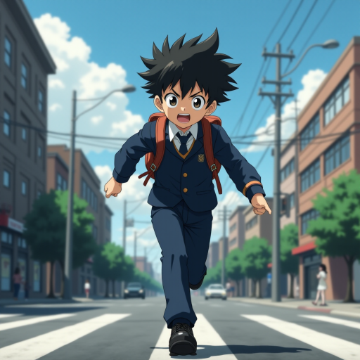 In the Japanese boondocks photorealistic anime, the camera focuses on strong muscular sideview of 9 year old boy his perfect face conveys powerful mighty passion, wearing black school dress-shoes, wearing dark blue matching school uniform. he runs lightly across wide busy city street. with stoplights in backdrop, The animation highlights the dynamic of the boy's clothes and hair blowing in the wind as he moves around, wearing leather backpack,