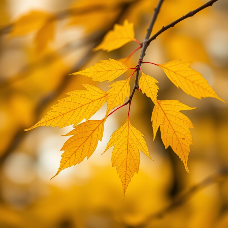 Capture a close-up shot of vibrant yellow autumn leaves on a branch, with a soft blurred background, using a Canon EOS R5, 85mm f/1.4 lens, aperture set to f/2.8, ISO 200, and a shutter speed of 1/200s to enhance image quality.