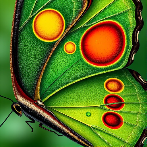Create a detailed and colorful illustration of a butterfly with vibrant green wings featuring large yellow and red spots, using a DSLR camera with a 50mm lens, aperture f/2.8, ISO 100, captured from a close-up view to highlight the texture and colors.