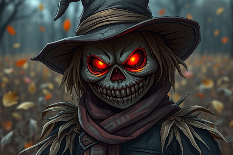 Create a highly detailed illustration of a spooky scarecrow character with a mischievous grin and glowing red eyes, wearing a tattered hat and a scarf, standing in a field of autumn leaves, shot with a DSLR camera at f/2.8, ISO 100, 50mm lens, and vibrant colors to enhance image quality.