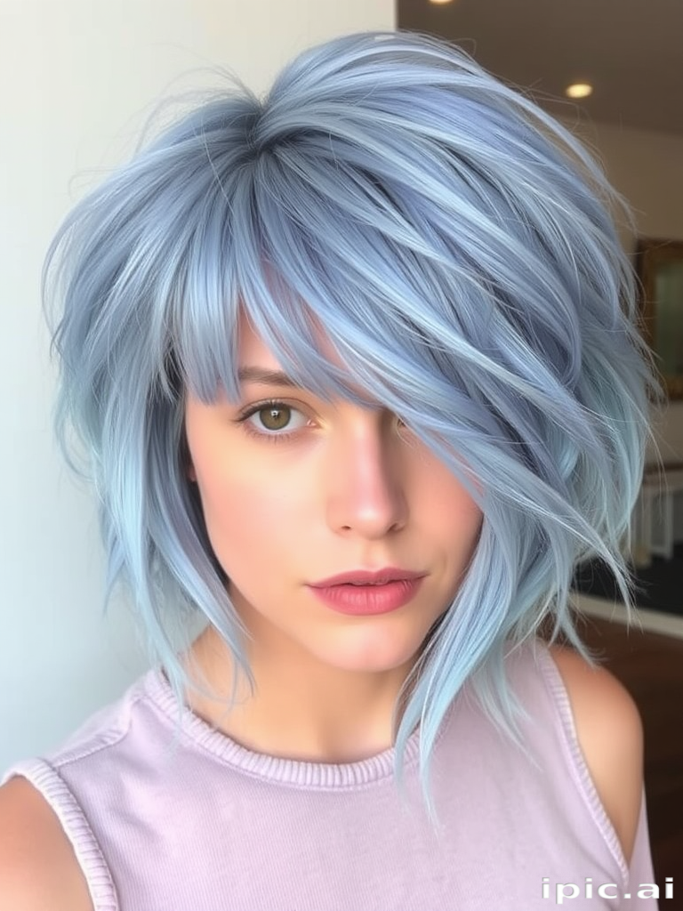 Dusty blue textured crop, expertly shaped by "Cloud Nine" stylists, showcasing a short, piecey cut with lots of volume on top, gradually fading to a pale, sky blue at the ends, creating a soft, dreamy look reminiscent of a hazy summer sky.