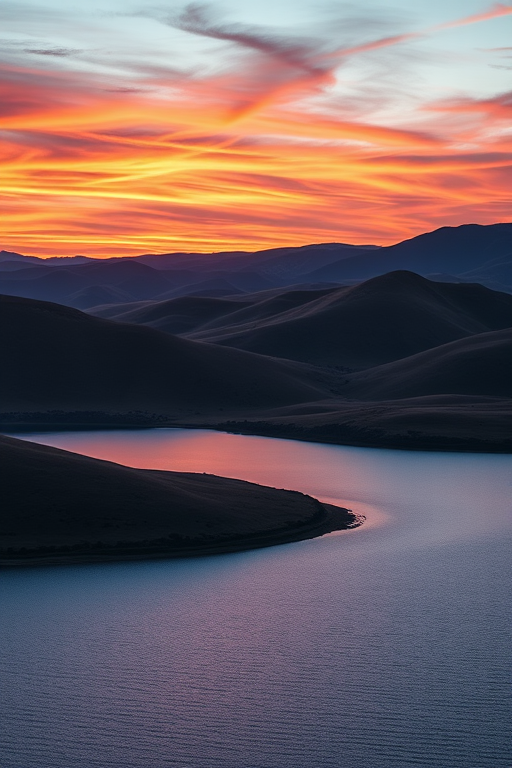 Generate an image of a serene landscape featuring rolling hills, a vibrant sunset sky, and a calm lake in the foreground, shot with a Canon EOS 5D Mark IV, aperture f/8, ISO 200, shutter speed 1/125s, wide-angle lens at 24mm, in landscape orientation for enhanced clarity and detail.