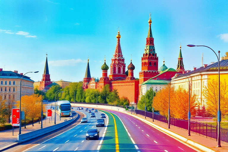 A vibrant watercolor painting of a cityscape featuring the Kremlin towers in the background, with a busy road in the foreground, bright colors enhancing the scene, shot with a Canon EOS 5D Mark IV, 24mm lens, f/8 aperture, ISO 100, HDR setting, soft focus, daylight.