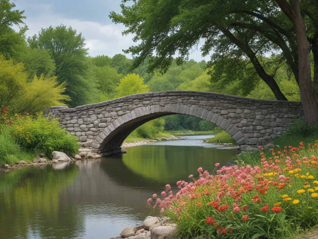stone bridge over a river having beautiful trees and colorful flowers ...