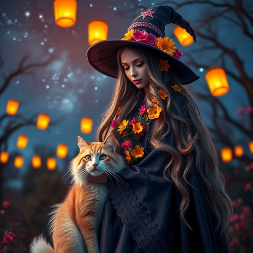 Create a high-resolution image of a mystical witch with long flowing hair adorned with flowers, standing next to a fluffy cat, under a starry night sky with glowing lanterns, using a DSLR camera at ISO 100, aperture f/2.8, 50mm lens, with a soft focus background and vibrant colors.