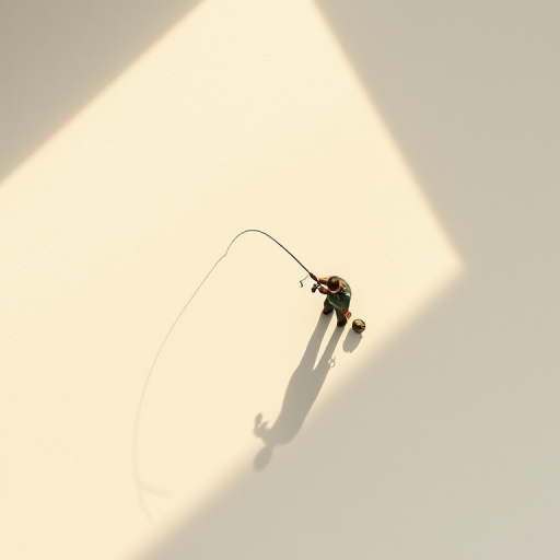 regenerate an illustration of a person fishing with a line, casting a shadow on textured paper, with soft lighting, using a Canon EOS R5, 50mm lens, f/2.8 aperture, ISO 100, top-down view, minimalist style