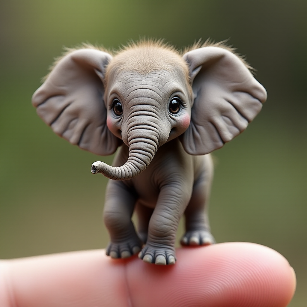 An extremely hyper-realistic elephant, its whole body fits perfectly in someone's finger. The elephant has rare colors and is extremely adorable. The elephant is extremely cute, making it eye-catching when enlarged. And standing on 2 legs