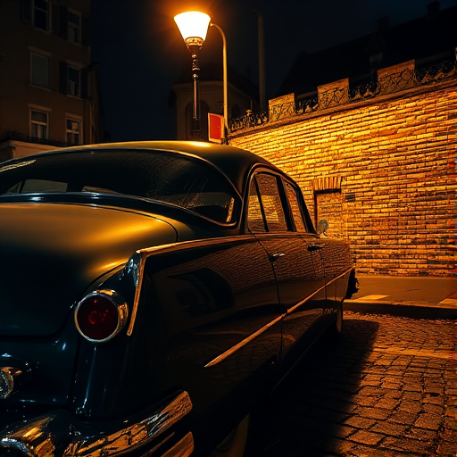 Crisp, detailed shot of a vintage car parked under a streetlamp at night, soft light reflecting off the polished chrome, cobblestone street wet from recent rain, reflections of nearby buildings in the car's windows, an old brick wall in the background, shadows stretching across the pavement.
