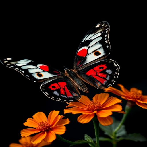Create an image of a butterfly with striking black and white wings featuring vibrant red patterns, perched on bright orange flowers against a dark background. The scene should capture the delicate details of the butterfly's wings and the vivid colors of the flowers, highlighting the beauty of nature.
