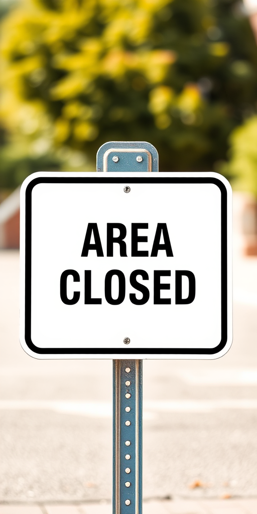 Create a high-resolution image of a "AREA CLOSED" sign on a plain white background, using a DSLR camera with a 50mm lens, aperture at f/5.6, ISO 100, shallow depth of field, and natural lighting for better clarity and contrast.