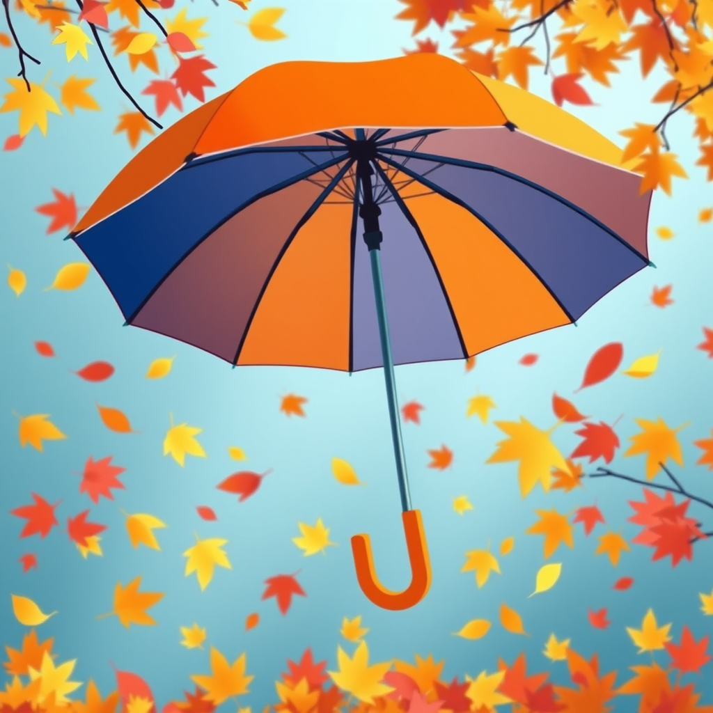 Create an illustration of a vibrant umbrella with blue and orange stripes surrounded by falling autumn leaves in shades of red, yellow, and orange, captured with a Canon EOS R5, 50mm lens, f/2.8 aperture, ISO 100, in bright natural light for enhanced detail and color saturation.