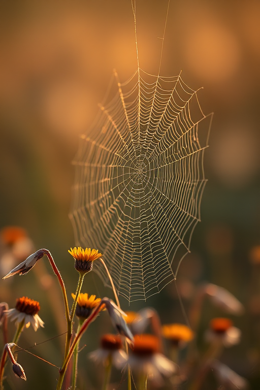 capture an intricate spider web nestled among delicate wildflowers, shallow depth of field, soft bokeh background, golden hour lighting, aperture f/2.8, shutter speed 1/250 sec, ISO 100, macro lens, DSLR camera