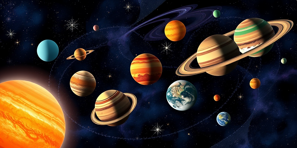 Create a colorful illustration of planets in space, featuring various sizes and styles of planets with rings, a starry background, and swirling cosmic patterns, shot with a digital camera, f/8 aperture, 24mm focal length, ISO 100, and a vibrant color palette for enhanced clarity and detail.