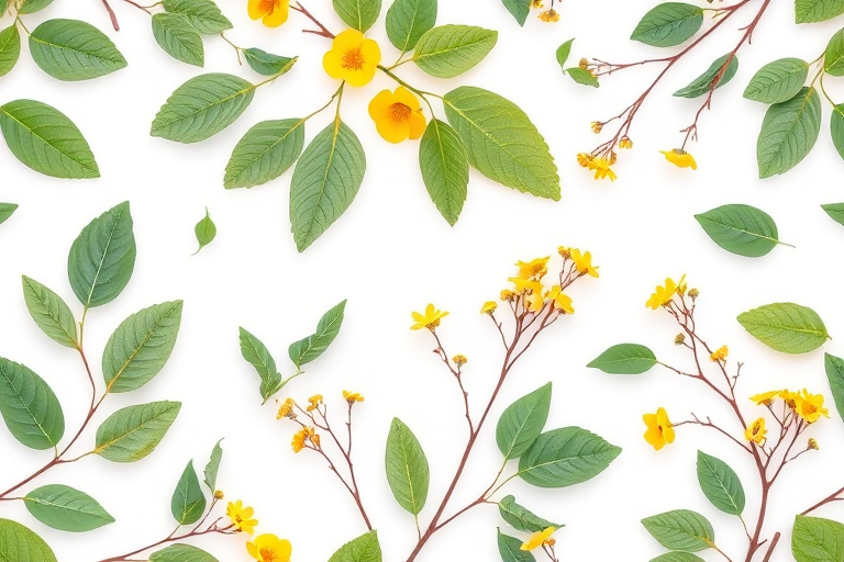 Create a seamless pattern of various green leaves, yellow flowers, and delicate branches on a white background, using a 50mm lens, f/4 aperture, ISO 100, natural light, top-down perspective, and shot with a DSLR camera.