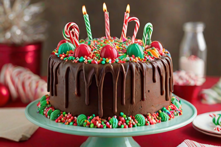 Create an image of a festive holiday cake decorated with red and green lollipops, candy canes, and colorful sprinkles. The cake should have a smooth chocolate frosting with a glossy drip effect, sitting on a decorative cake stand. Add some small peppermint candies around the base for extra detail. The background should be soft and neutral to highlight the cake.