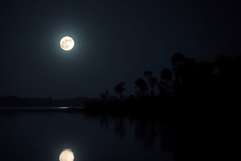 create a serene night landscape featuring a bright full moon reflecting on calm water, with dark silhouettes of trees and a peaceful atmosphere, shot with a Canon EOS R5, 50mm lens, f/1.8 aperture, ISO 100, shutter speed 1/2 second, in long exposure style to enhance illumination and clarity