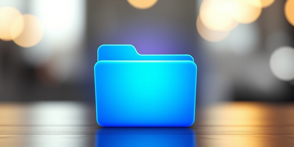 Create a digital illustration of a blue folder symbol with a shining bright light in the background, captured with a DSLR camera, aperture set to f/4, shutter speed at 1/125s, ISO 100, focus on foreground, with a soft bokeh effect in the background.