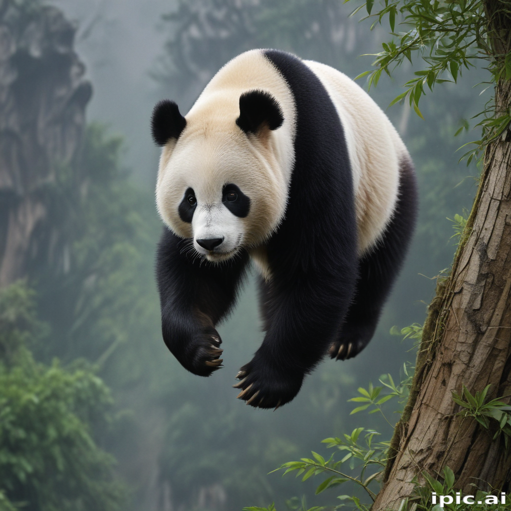 A Playful Panda Leaps Gracefully Through a Lush Green Forest Scene