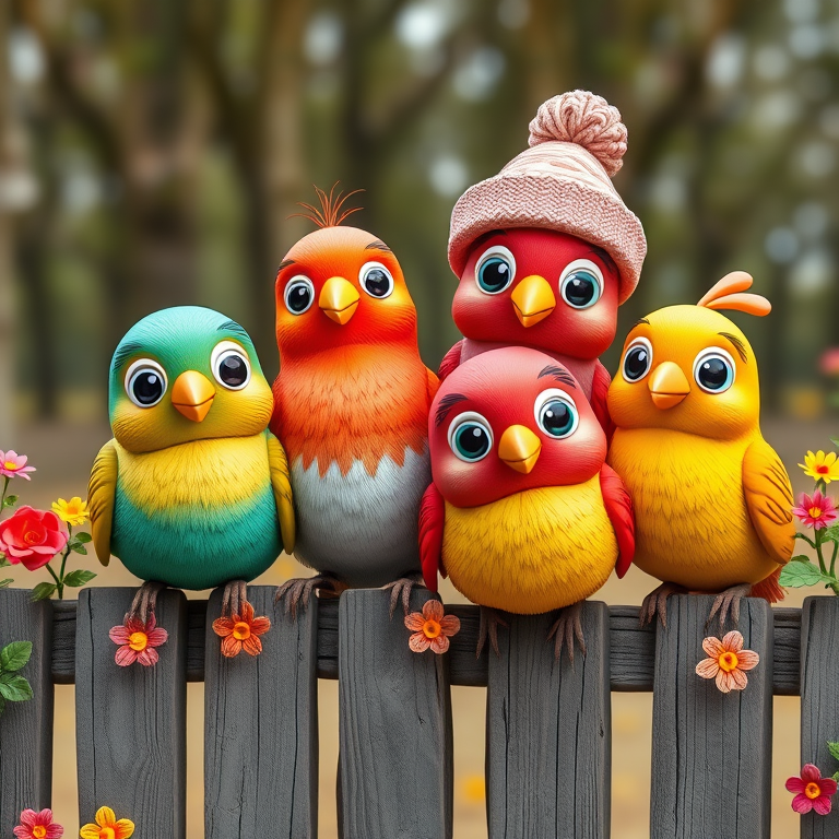 create a scene of 4 quirky  whimsical colourful comical birds each with a funny expression. they are sat on a wooden fence with colourful flowers. they are all different sizes. each one is a different colour  one is wearing a woolly hat. Each one has a different quirky google expression and there is a muted background of trees watercolour paintierly style high definition 8k resolution 3D paper mache