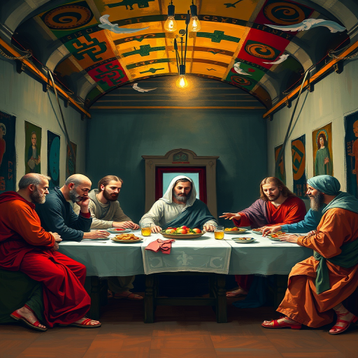 Create a high-resolution digital painting of the Last Supper scene with vibrant colors and impressionistic style, utilizing a Canon EOS R5 camera, 24mm lens, f/8 aperture, ISO 100, and shot at eye level to enhance detail and create depth.