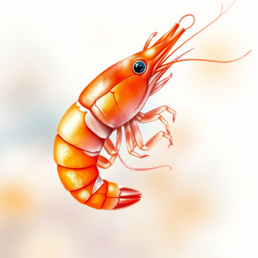 Create a detailed watercolor illustration of a shrimp, capturing its vibrant orange and pink hues, with a blurred background for emphasis, using a DSLR camera set to f/2.8, ISO 100, and a shallow depth of field to enhance image quality.