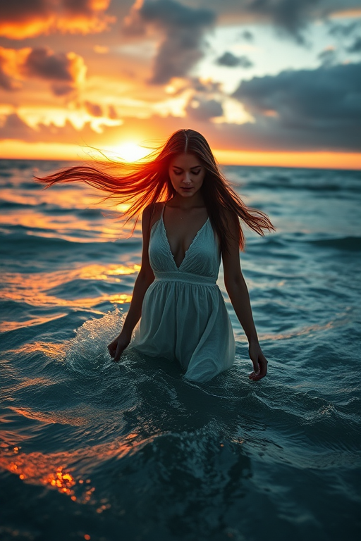 Create an image of a mysterious woman with flowing hair standing in tumultuous water at sunset, capturing intense emotion with dramatic lighting, using a Canon EOS R5, 24mm lens, f/2.8 aperture, ISO 100, at a shutter speed of 1/100s, in a high dynamic range style.