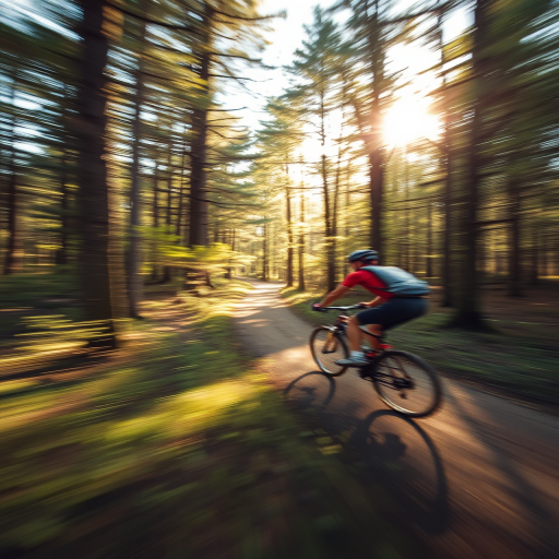 Blurry action photo of a cyclist speeding through a forest trail, soft sunlight filtering through the trees, with the distant sound of birds chirping in the background.