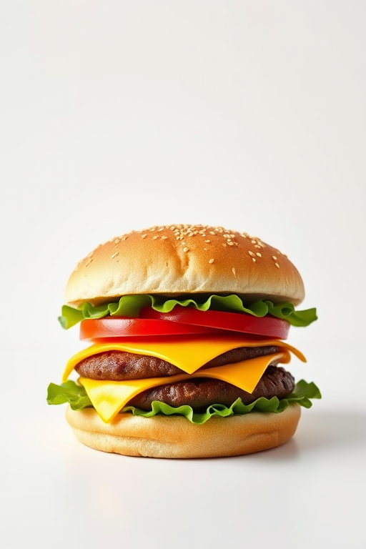 Generate a high-resolution image of a stylized cheeseburger with vibrant colors and a minimalist background, using a 50mm lens, f/1.8 aperture, ISO 100, and natural lighting, captured from a top-down view in a digital format.