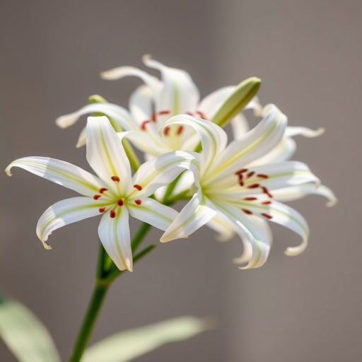 Close-up of white spider lilies with delicate petals against a soft blurred background, taken with a Canon EOS 5D Mark IV, 85mm f/1.8 lens, aperture f/2.8, ISO 200, natural light, focus on the flowers.