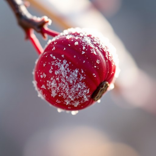 close-up of a frosted red berry on a branch, shallow depth of field, natural light, macro lens, f/2.8, ISO 200, 1/200s, DSLR camera, soft background blur, high detail and texture