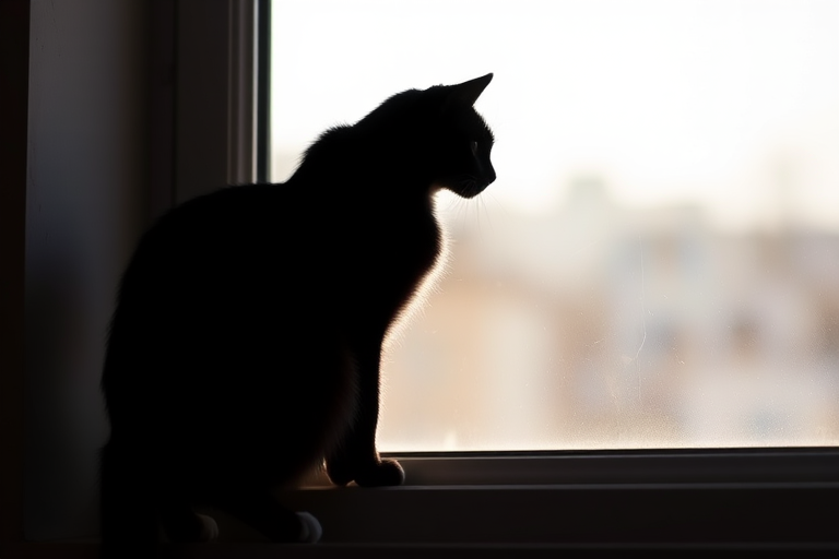 Create a detailed black silhouette of a cat sitting on a windowsill against a bright light source with a soft focus background, using a 50mm lens at f/1.8, ISO 200, shutter speed 1/200s, natural light, shot with a DSLR camera.