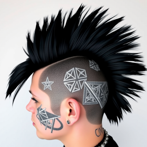 Dramatic jet black mohawk with shaved sides adorned with intricate silver geometric patterns, representing edgy punk rock style called Midnight Rebel