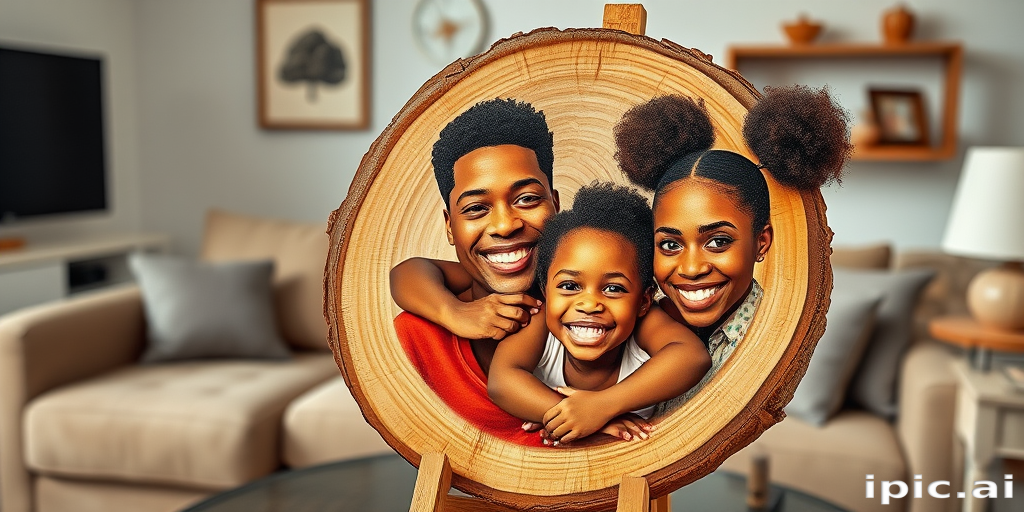 a wood slice with the image of a happy African American family with a father, a mother and a 5-year-old little girl. the mother has a pixie cut hairstyle, the father has close cut hair cut and the little girl has 2 afro puffs. the wood slice is propped up on an easel and displayed on an end table in a living room. Oil painting effect.