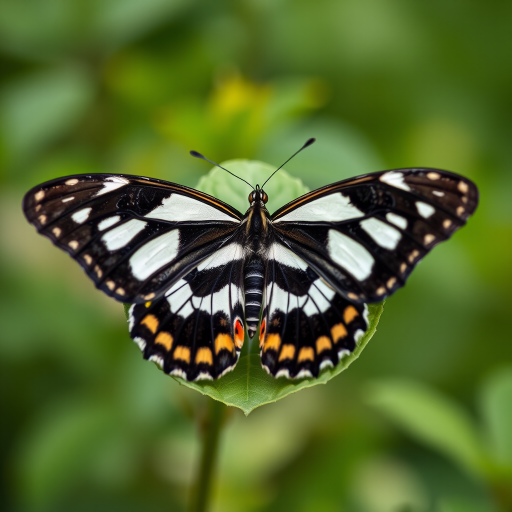 Generate an image of a butterfly perched on a green leaf. The butterfly should have striking patterns with black and white stripes, along with hints of red. The background should feature soft, blurred greenery to create a natural setting. Focus on the intricate details of the butterfly's wings and the textures of the leaf.