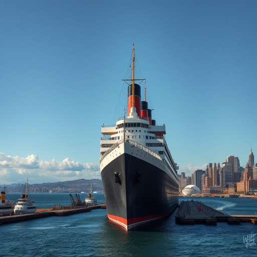 Create a detailed and high-resolution image of a large historical ocean liner, resembling early 20th-century designs, positioned in a harbor with majestic views of the water and skyline, captured using a DSLR camera with a wide-angle lens at f/11 for depth of field, ISO 100, shutter speed 1/200s, in bright daylight to enhance colors and clarity.