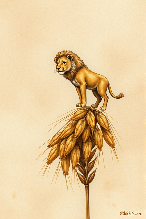 Soft, muted Alcohol Ink with ebru effect background image of tiny whimsical lion, who climbed high on the top of a golden rye ear.