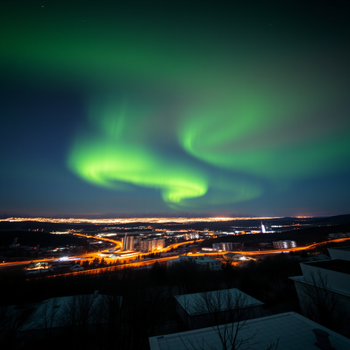 capture the northern lights over a cityscape at night with a wide-angle lens, f/2.8, ISO 800, 15-second exposure, shooting in RAW mode with a tripod for stability, emphasizing vibrant greens against a dark sky