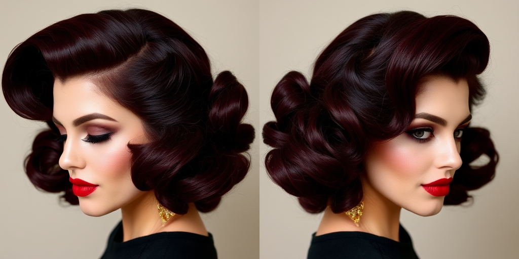Sultry dark burgundy mane styled in voluminous vintage victory rolls, exuding old Hollywood glamour, aptly named "Velvet Vixen"
