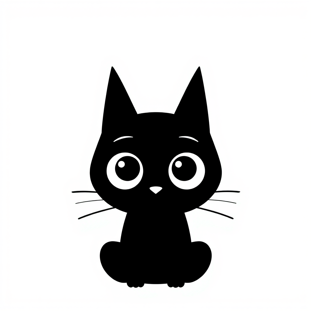 Create a black and white minimalist illustration of a cat. The cat should have large, round eyes and a simplistic, cartoonish style. Its ears should be tall and pointed, and its whiskers should be simple lines extending from its face. The background should be plain white to emphasize the cat's silhouette.