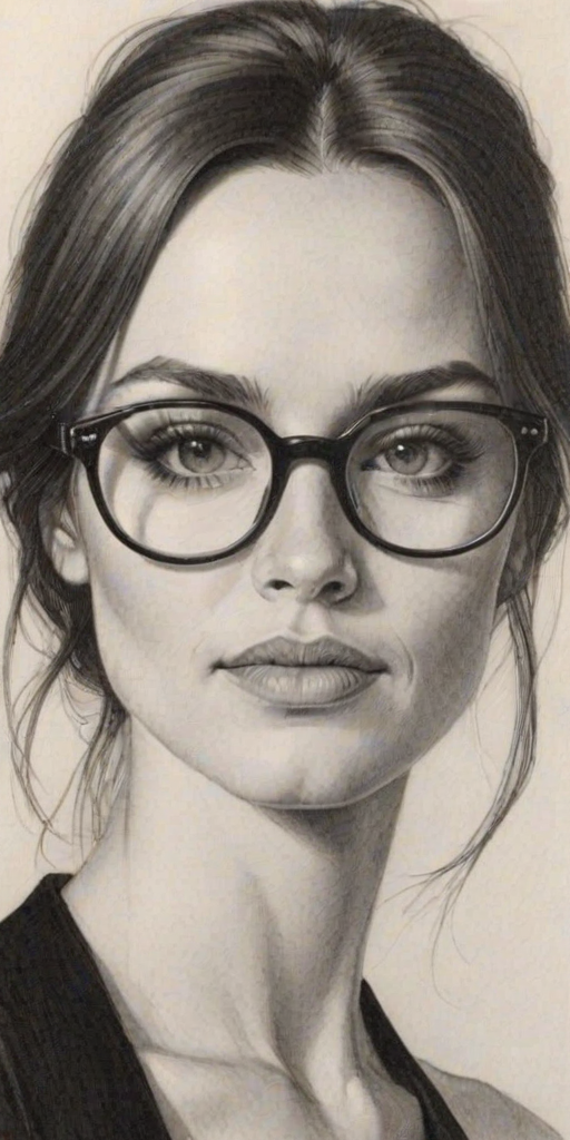 Elegant Melanie Chisholm, pencil sketch, portrait of Graceful woman 1977s in glasses, hair style beatnik, outline, clear lines, fine lines, 8k