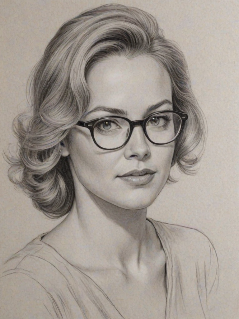 Captivating Andrea Anders, pencil sketch, portrait of Charming woman 1948s in glasses, hair style beatnik, outline, clear lines, fine lines, 8k