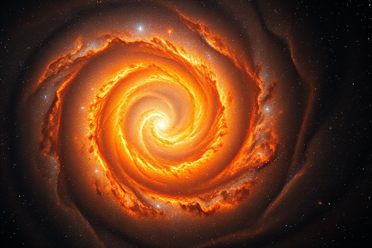 Create a high-resolution image of a cosmic whirlpool galaxy, capturing vibrant orange and golden hues with intricate star formations, using a Canon EOS R5 camera, 24mm lens, f/2.8 aperture, ISO 400, and a long exposure time of 30 seconds for depth and clarity.