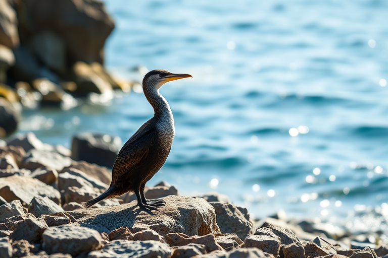 photograph of a cormorant standing on a rocky shore by the ocean, bright sunlight illuminating the scene, shallow depth of field, f/4 aperture, 1/500s shutter speed, ISO 200, 85mm lens, DSLR camera, landscape orientation, vibrant colors, high-resolution quality