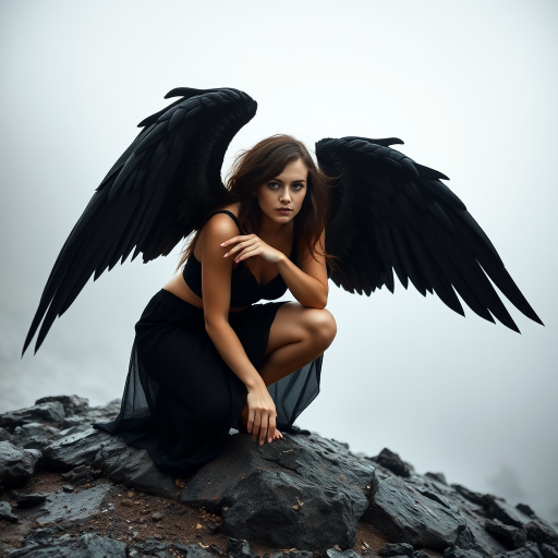 Create a high-resolution fantasy portrait of a woman with large black wings, crouching on a rocky surface in a misty environment, using a DSLR camera with a 50mm lens, f/1.8 aperture, ISO 100, and 1/200s shutter speed, with a shallow depth of field, capturing dramatic lighting and ethereal mood.