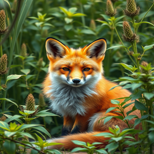A realistic illustration of a fox sitting amidst lush green foliage, capturing intricate details of its fur and the surrounding plants, shot with a Canon EOS R5, 50mm lens, f/2.8, in natural light, aiming for vivid colors and sharp textures.