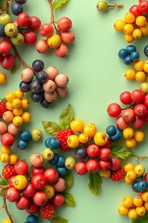 Generate a high-resolution image of a colorful botanical pattern featuring clusters of berries in pink, green, blue, and yellow on a soft mint green background, captured with a Canon EOS R5 at f/8, ISO 100, 50mm lens using a flat lay view to enhance texture and detail.