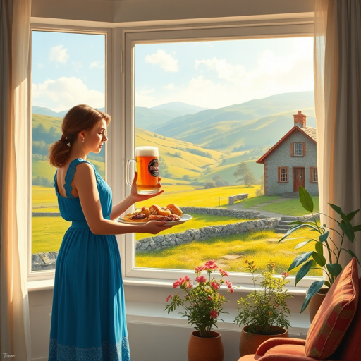 In "A Glass of Beer on the Highland," a serene scene is depicted in a sunlit room where a woman in a vibrant blue dress stands by a large window. She holds a tray with a hearty meal and a frothy glass of beer, embodying a moment of relaxation. Outside, the breathtaking highland landscape features rolling green hills and a charming traditional house, all bathed in warm afternoon light. The interior is adorned with potted plants, creating a harmonious blend of comfort and nature. The painting beautifully captures the tranquility and joy found in simple pleasures amidst stunning scenery