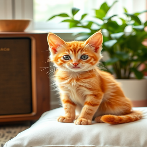 Generate an image of a cute orange tabby kitten sitting on a white cushion with a curious expression its ears perked up in a cozy indoor setting with a vintage radio and greenery in the background.